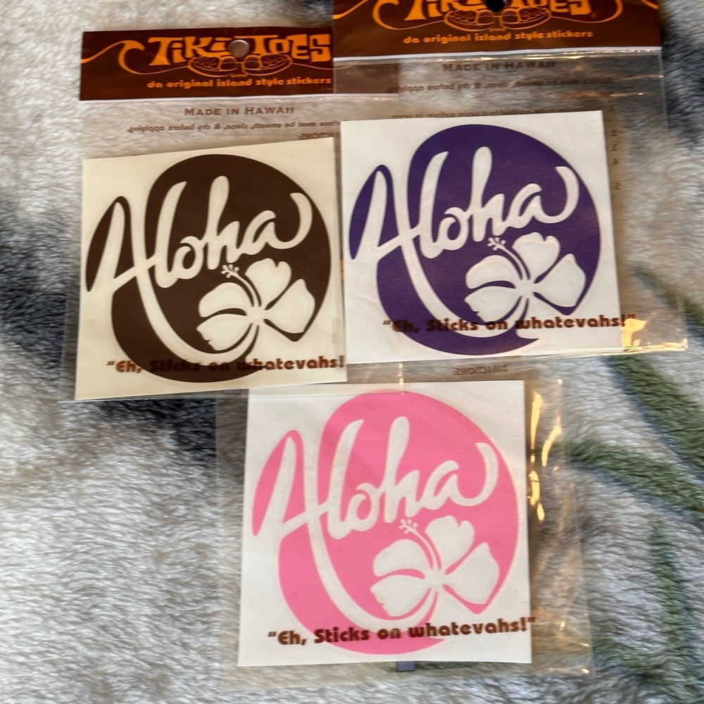 588. Aloha Hibiscus vinyl sticker 4” made in Hawaii NEW Pink. Blue. Brown.